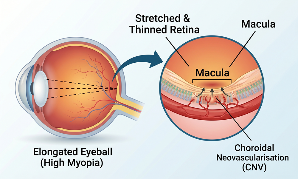 A clear graphic of the inside of the human eye, showing the macula and where myopic macular degeneration develops in people with high myopia.